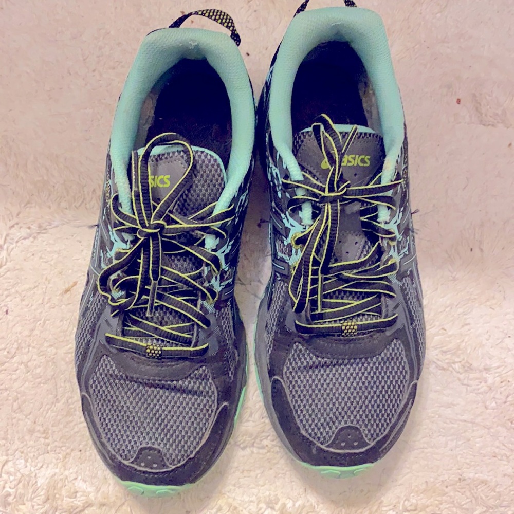 ASICS tennis shoes sneakers workout gray green good condition Running